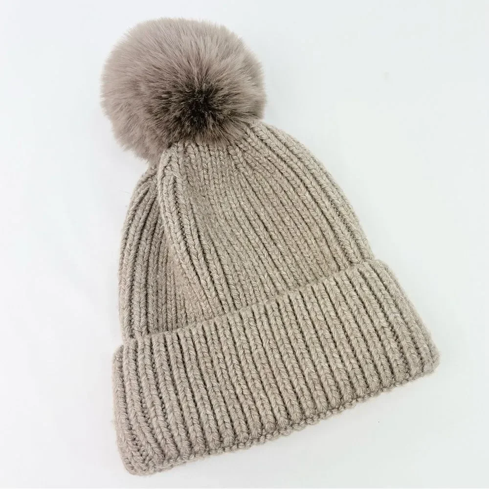 Norla Canada Taupe Alpaca Wool Fluffy Faux Fur Pompom Knit Beanie Hat